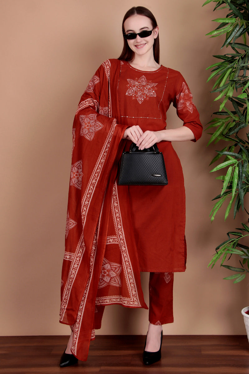Miramaar Women's Rust Hand Work Straight Cotton Kurta Pant Dupatta Set