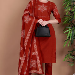 Miramaar Women's Rust Hand Work Straight Cotton Kurta Pant Dupatta Set