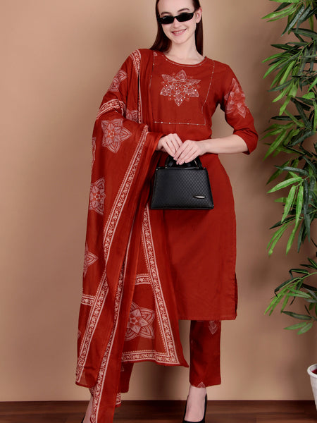 Miramaar Women's Rust Hand Work Straight Cotton Kurta Pant Dupatta Set