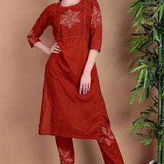 Miramaar Women's Rust Hand Work Straight Cotton Kurta Pant Dupatta Set