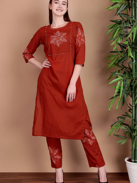 Miramaar Women's Rust Hand Work Straight Cotton Kurta Pant Dupatta Set