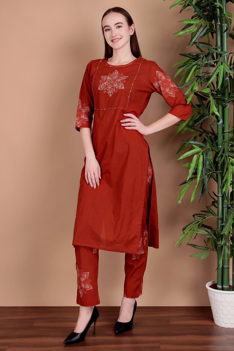 Miramaar Women's Rust Hand Work Straight Cotton Kurta Pant Dupatta Set