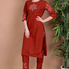 Miramaar Women's Rust Hand Work Straight Cotton Kurta Pant Dupatta Set
