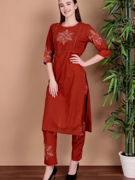 Miramaar Women's Rust Hand Work Straight Cotton Kurta Pant Dupatta Set