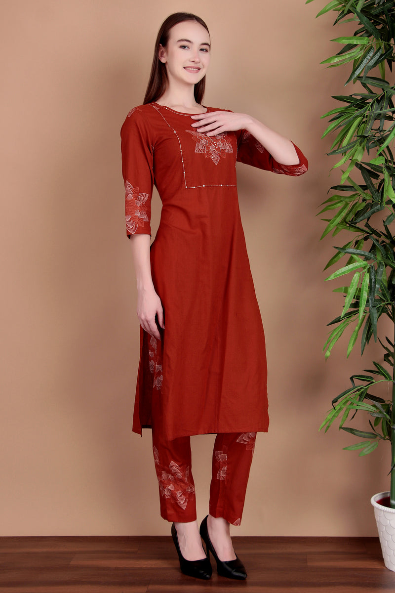 Miramaar Women's Rust Hand Work Straight Cotton Kurta Pant Dupatta Set