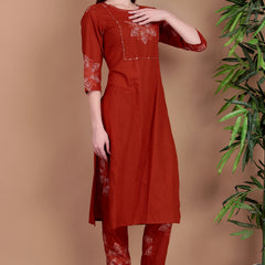 Miramaar Women's Rust Hand Work Straight Cotton Kurta Pant Dupatta Set
