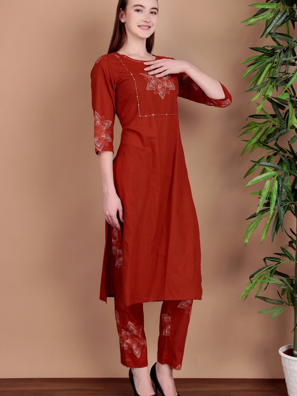 Miramaar Women's Rust Hand Work Straight Cotton Kurta Pant Dupatta Set