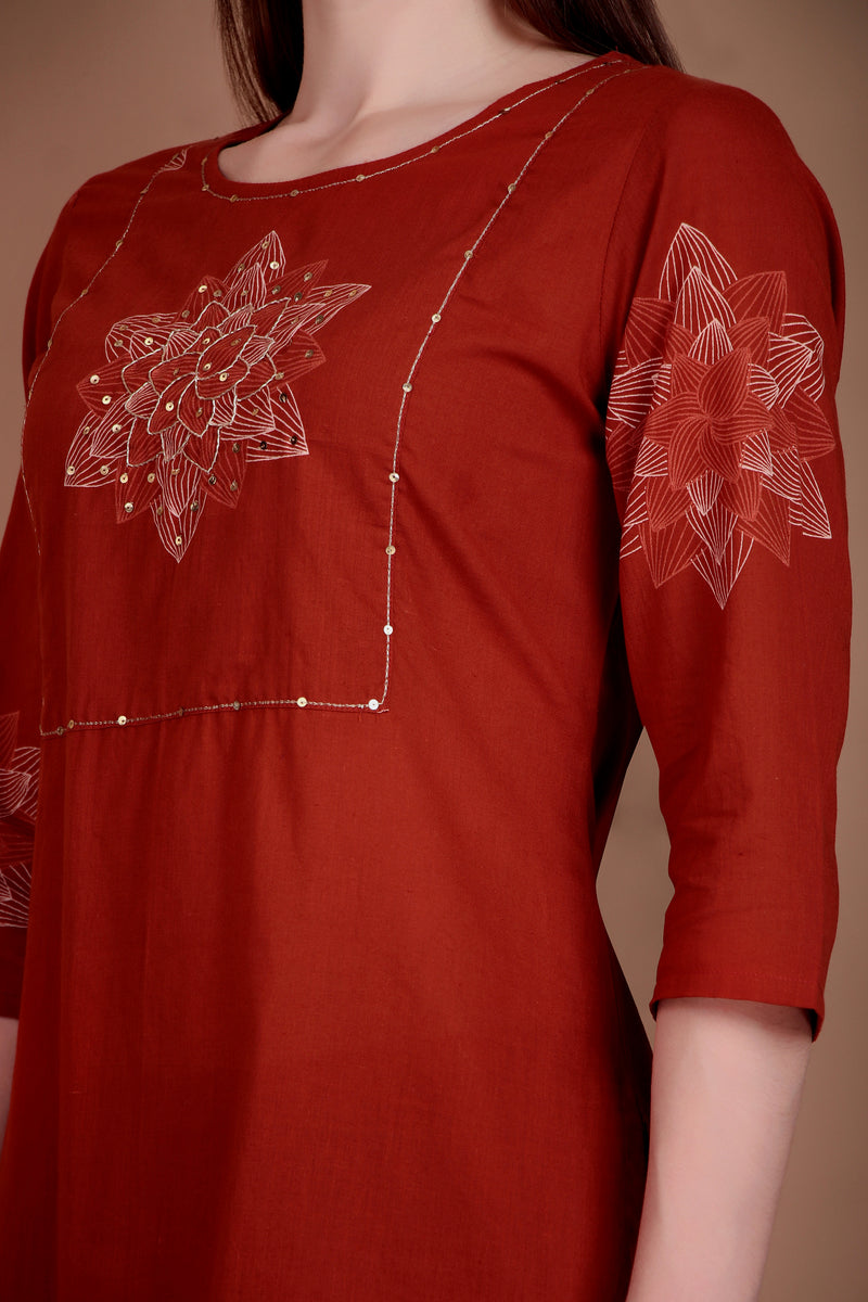 Miramaar Women's Rust Hand Work Straight Cotton Kurta Pant Dupatta Set