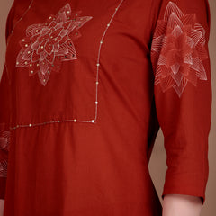 Miramaar Women's Rust Hand Work Straight Cotton Kurta Pant Dupatta Set