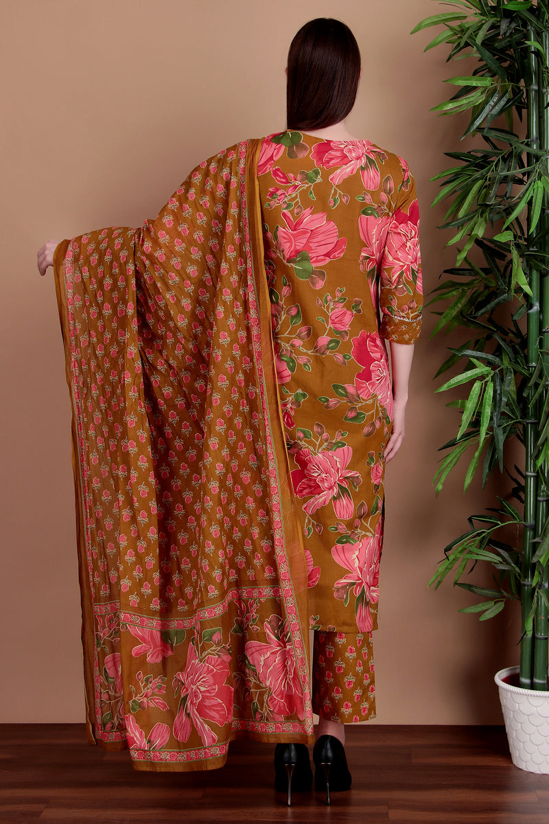 Miramaar Women's Green Cotton Straight Hand Work Kurta Pant with Dupatta