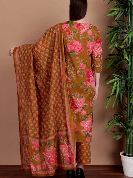 Miramaar Women's Green Cotton Straight Hand Work Kurta Pant with Dupatta