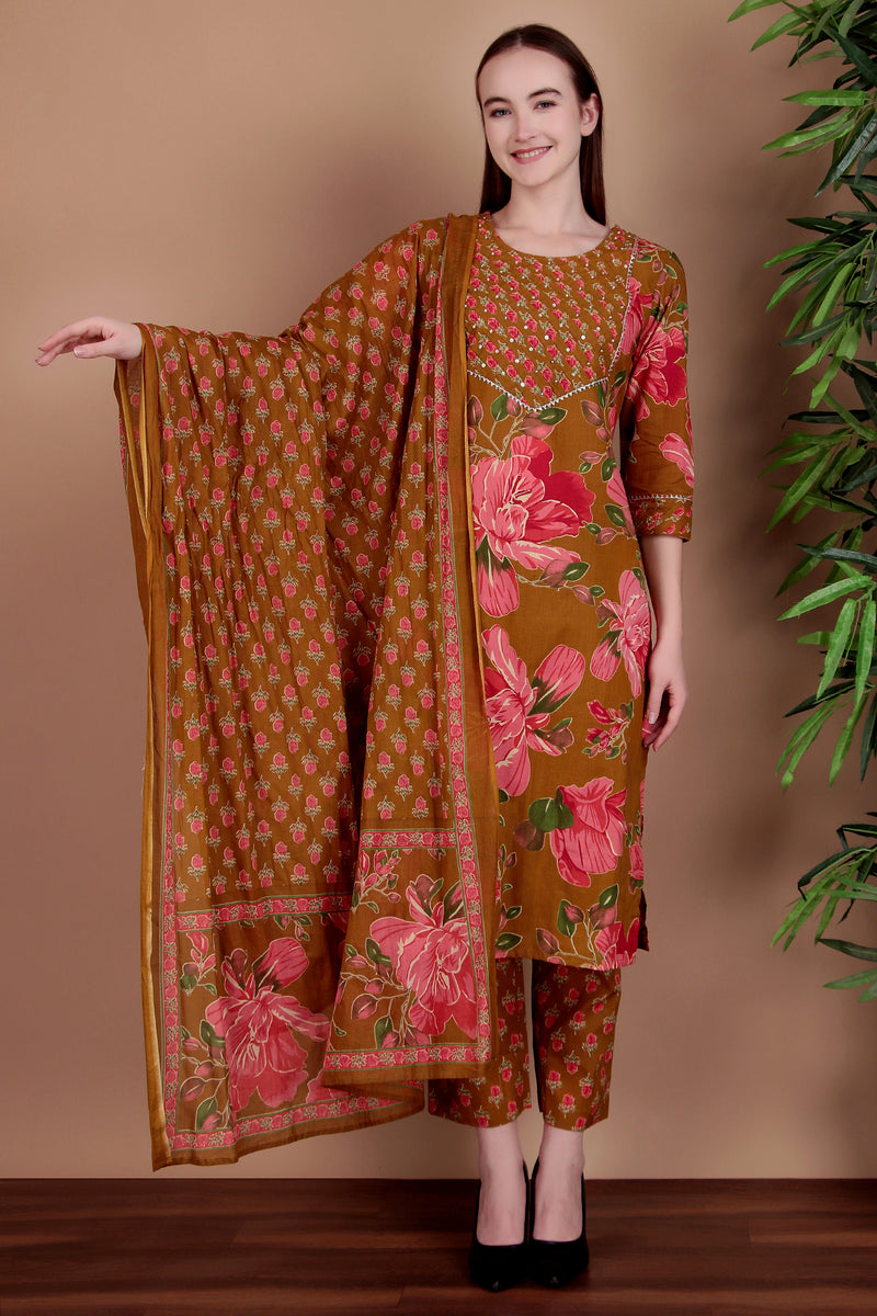 Miramaar Women's Green Cotton Straight Hand Work Kurta Pant with Dupatta