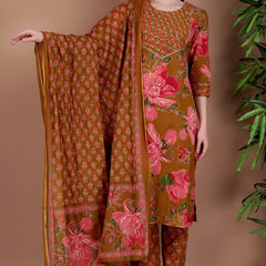 Miramaar Women's Green Cotton Straight Hand Work Kurta Pant with Dupatta