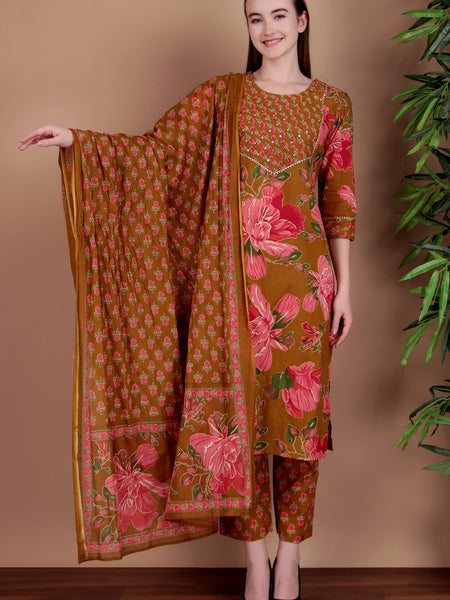 Miramaar Women's Green Cotton Straight Hand Work Kurta Pant with Dupatta