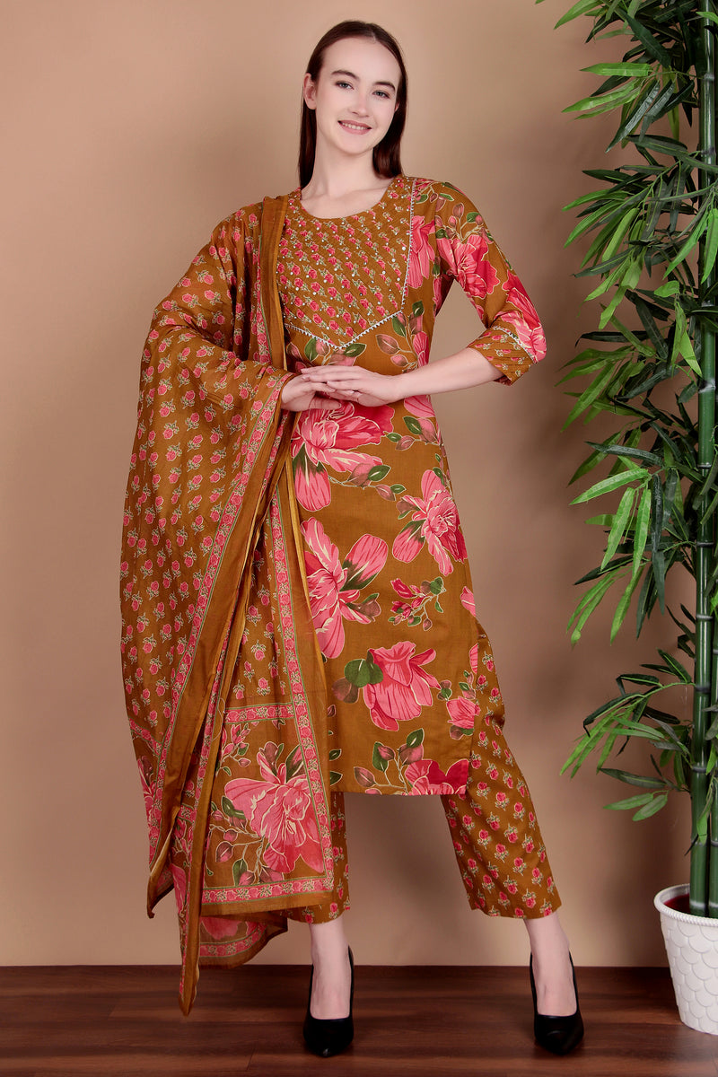 Miramaar Women's Green Cotton Straight Hand Work Kurta Pant with Dupatta