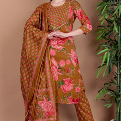 Miramaar Women's Green Cotton Straight Hand Work Kurta Pant with Dupatta