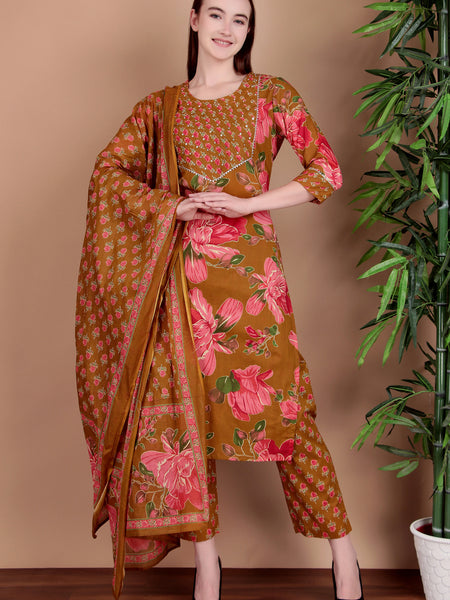 Miramaar Women's Green Cotton Straight Hand Work Kurta Pant with Dupatta