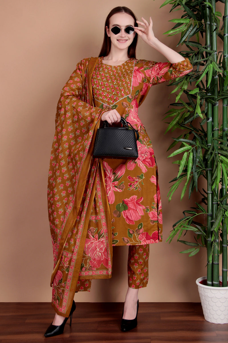 Miramaar Women's Green Cotton Straight Hand Work Kurta Pant with Dupatta