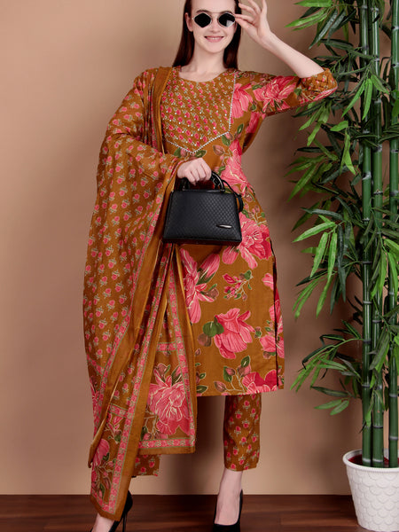 Miramaar Women's Green Cotton Straight Hand Work Kurta Pant with Dupatta