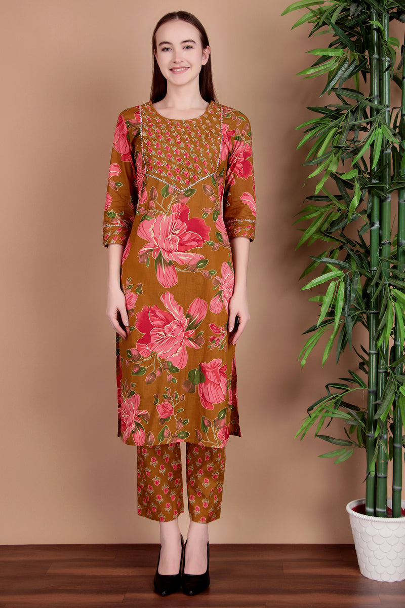 Miramaar Women's Green Cotton Straight Hand Work Kurta Pant with Dupatta