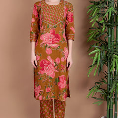 Miramaar Women's Green Cotton Straight Hand Work Kurta Pant with Dupatta