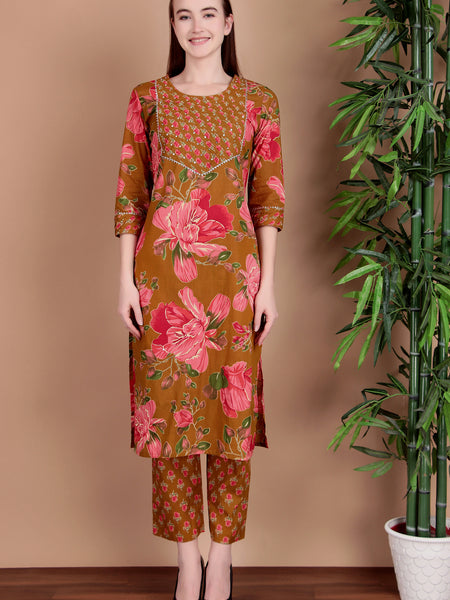 Miramaar Women's Green Cotton Straight Hand Work Kurta Pant with Dupatta