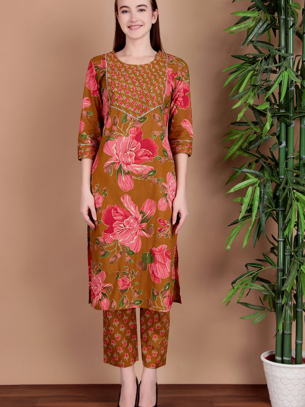 Miramaar Women's Green Cotton Straight Hand Work Kurta Pant with Dupatta