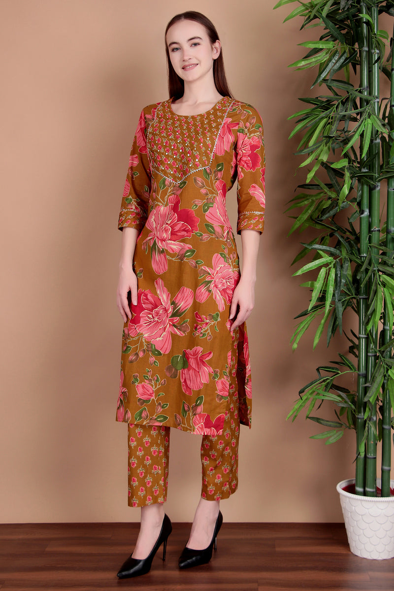 Miramaar Women's Green Cotton Straight Hand Work Kurta Pant with Dupatta