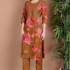 Miramaar Women's Green Cotton Straight Hand Work Kurta Pant with Dupatta