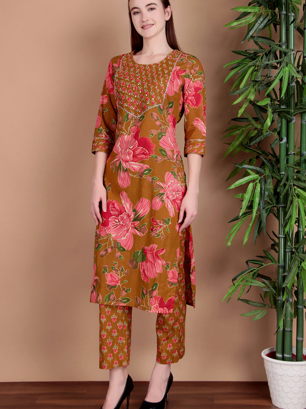 Miramaar Women's Green Cotton Straight Hand Work Kurta Pant with Dupatta