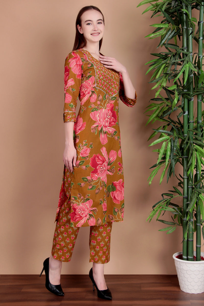 Miramaar Women's Green Cotton Straight Hand Work Kurta Pant with Dupatta