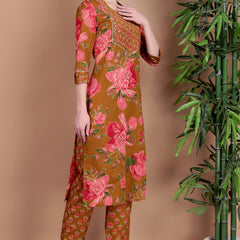 Miramaar Women's Green Cotton Straight Hand Work Kurta Pant with Dupatta