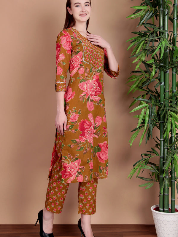Miramaar Women's Green Cotton Straight Hand Work Kurta Pant with Dupatta