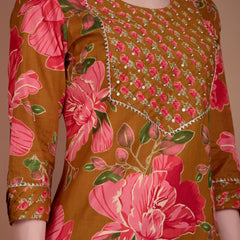 Miramaar Women's Green Cotton Straight Hand Work Kurta Pant with Dupatta