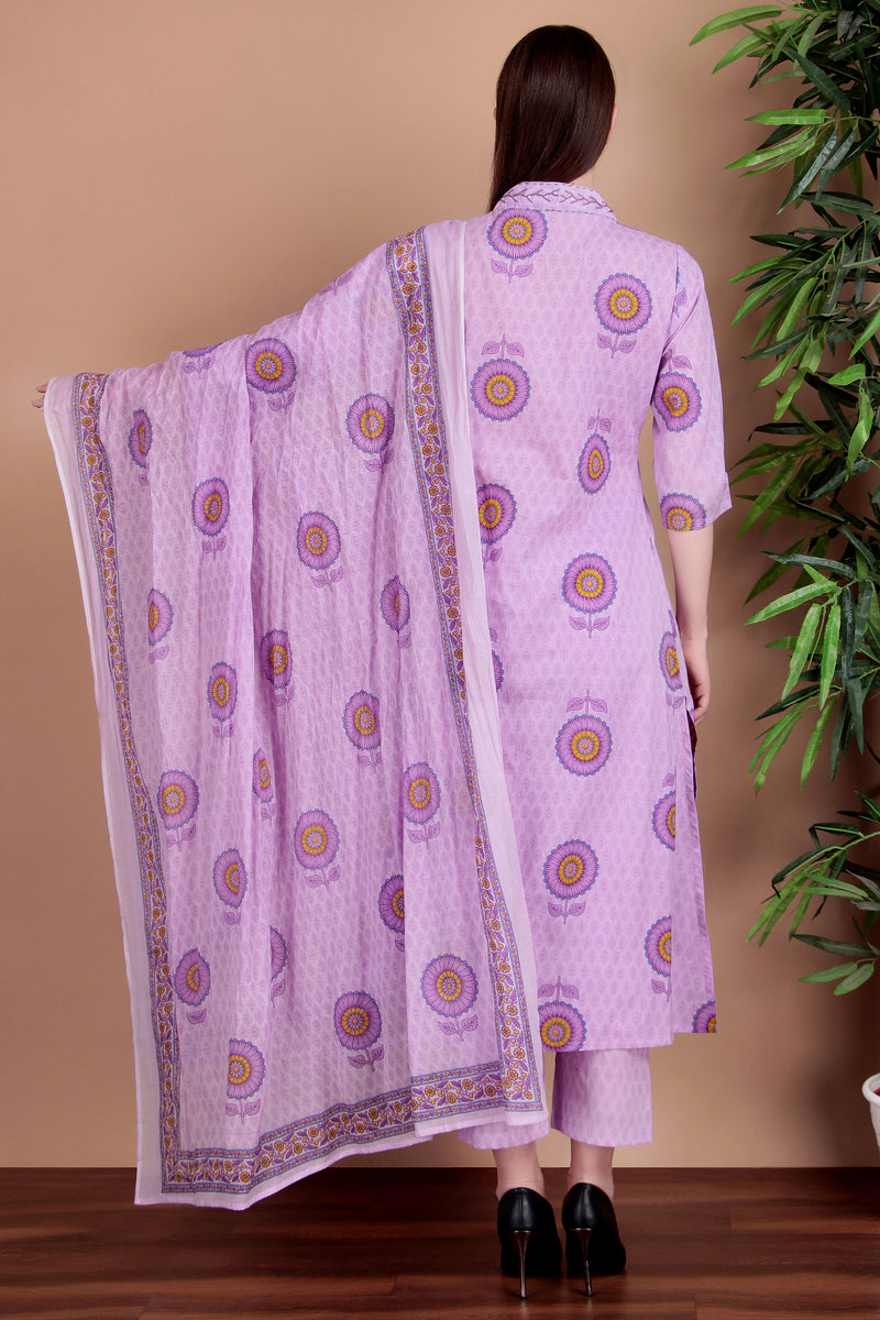 Miramaar Women's Purple Cotton A-line V-neck Hand Work Kurta Pant with Dupatta