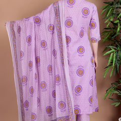 Miramaar Women's Purple Cotton A-line V-neck Hand Work Kurta Pant with Dupatta