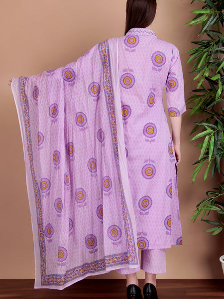 Miramaar Women's Purple Cotton A-line V-neck Hand Work Kurta Pant with Dupatta