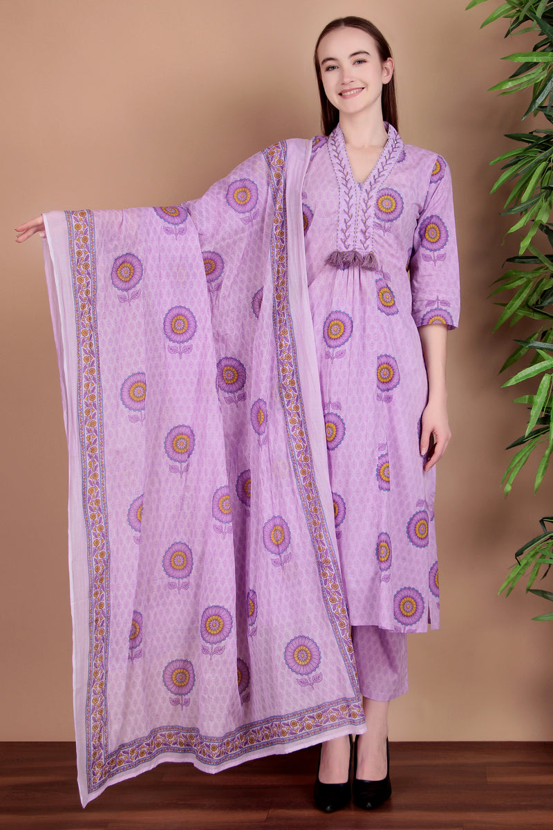 Miramaar Women's Purple Cotton A-line V-neck Hand Work Kurta Pant with Dupatta