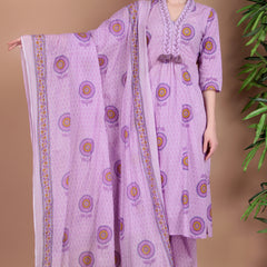 Miramaar Women's Purple Cotton A-line V-neck Hand Work Kurta Pant with Dupatta
