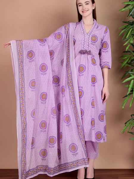 Miramaar Women's Purple Cotton A-line V-neck Hand Work Kurta Pant with Dupatta