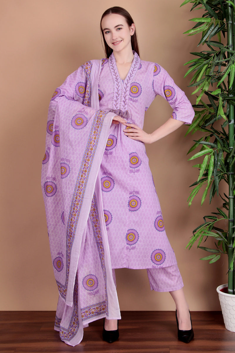 Miramaar Women's Purple Cotton A-line V-neck Hand Work Kurta Pant with Dupatta