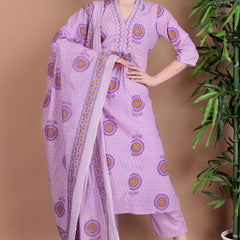 Miramaar Women's Purple Cotton A-line V-neck Hand Work Kurta Pant with Dupatta