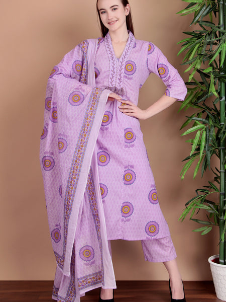Miramaar Women's Purple Cotton A-line V-neck Hand Work Kurta Pant with Dupatta