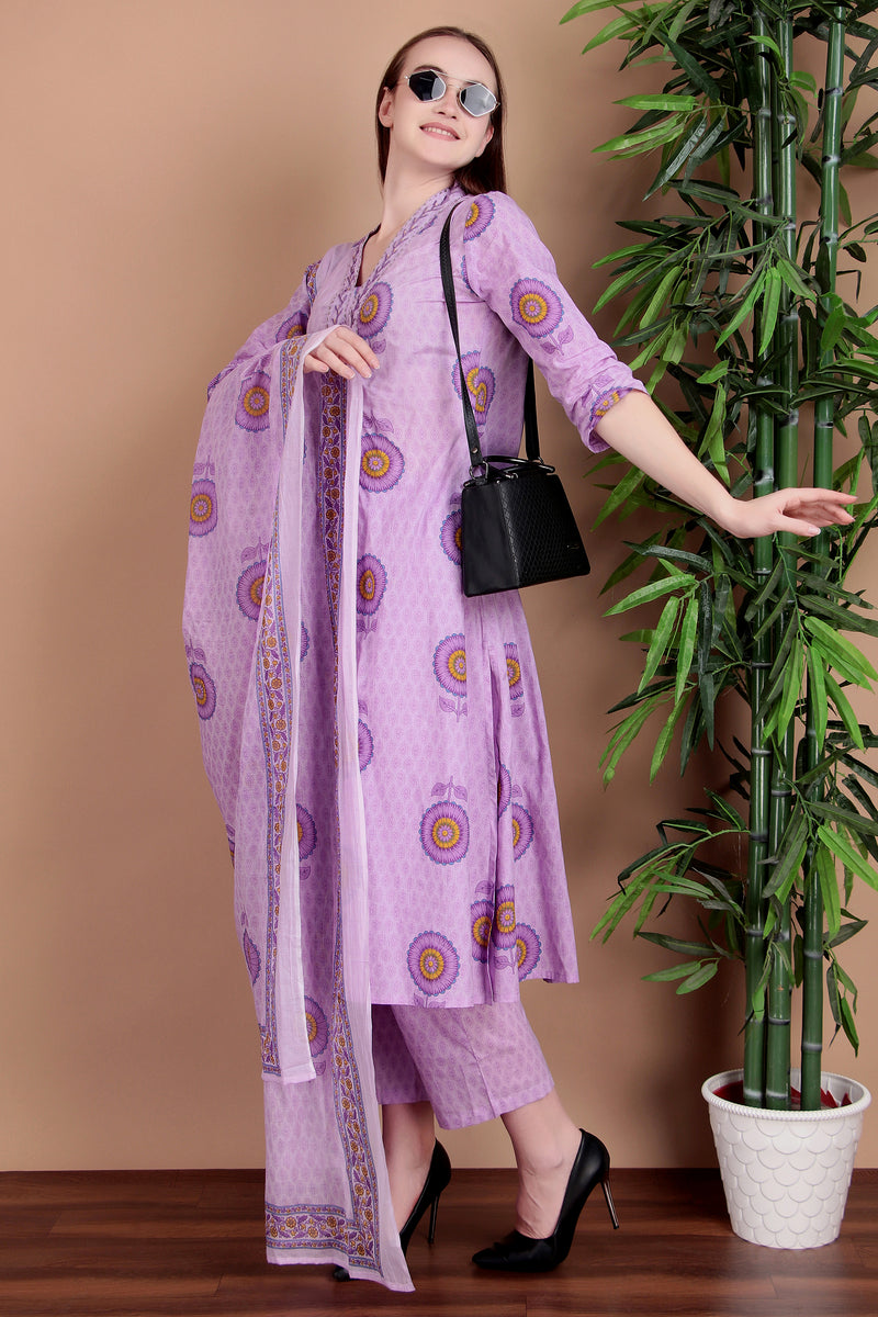Miramaar Women's Purple Cotton A-line V-neck Hand Work Kurta Pant with Dupatta
