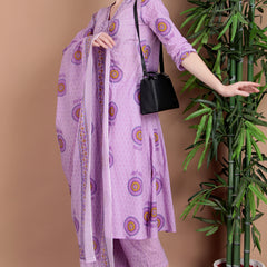 Miramaar Women's Purple Cotton A-line V-neck Hand Work Kurta Pant with Dupatta