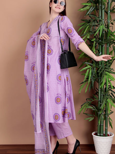 Miramaar Women's Purple Cotton A-line V-neck Hand Work Kurta Pant with Dupatta