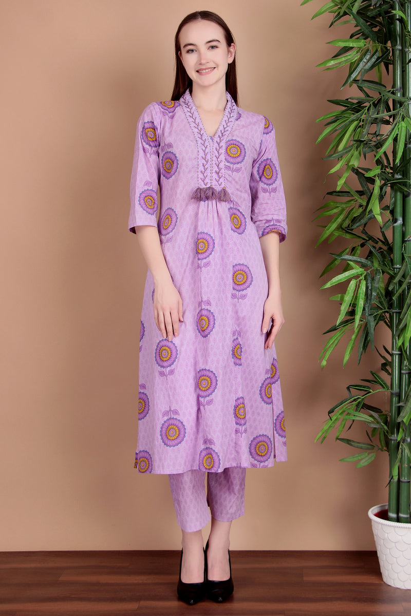 Miramaar Women's Purple Cotton A-line V-neck Hand Work Kurta Pant with Dupatta