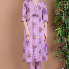 Miramaar Women's Purple Cotton A-line V-neck Hand Work Kurta Pant with Dupatta
