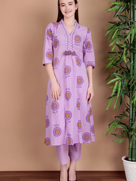 Miramaar Women's Purple Cotton A-line V-neck Hand Work Kurta Pant with Dupatta