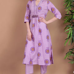 Miramaar Women's Purple Cotton A-line V-neck Hand Work Kurta Pant with Dupatta
